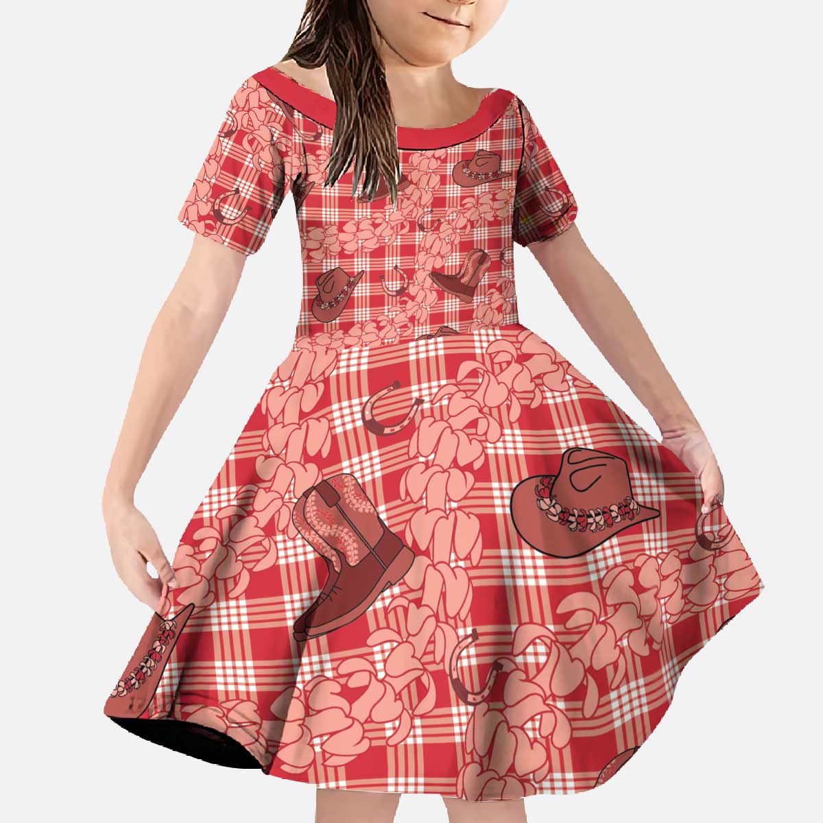 Red Palaka Hawaii Cowboy Family Matching Off The Shoulder Long Sleeve Dress and Hawaiian Shirt Puakenikeni Lei Paniolo Papale Seamless Vibes LT14 Daughter's Dress Red - Polynesian Pride