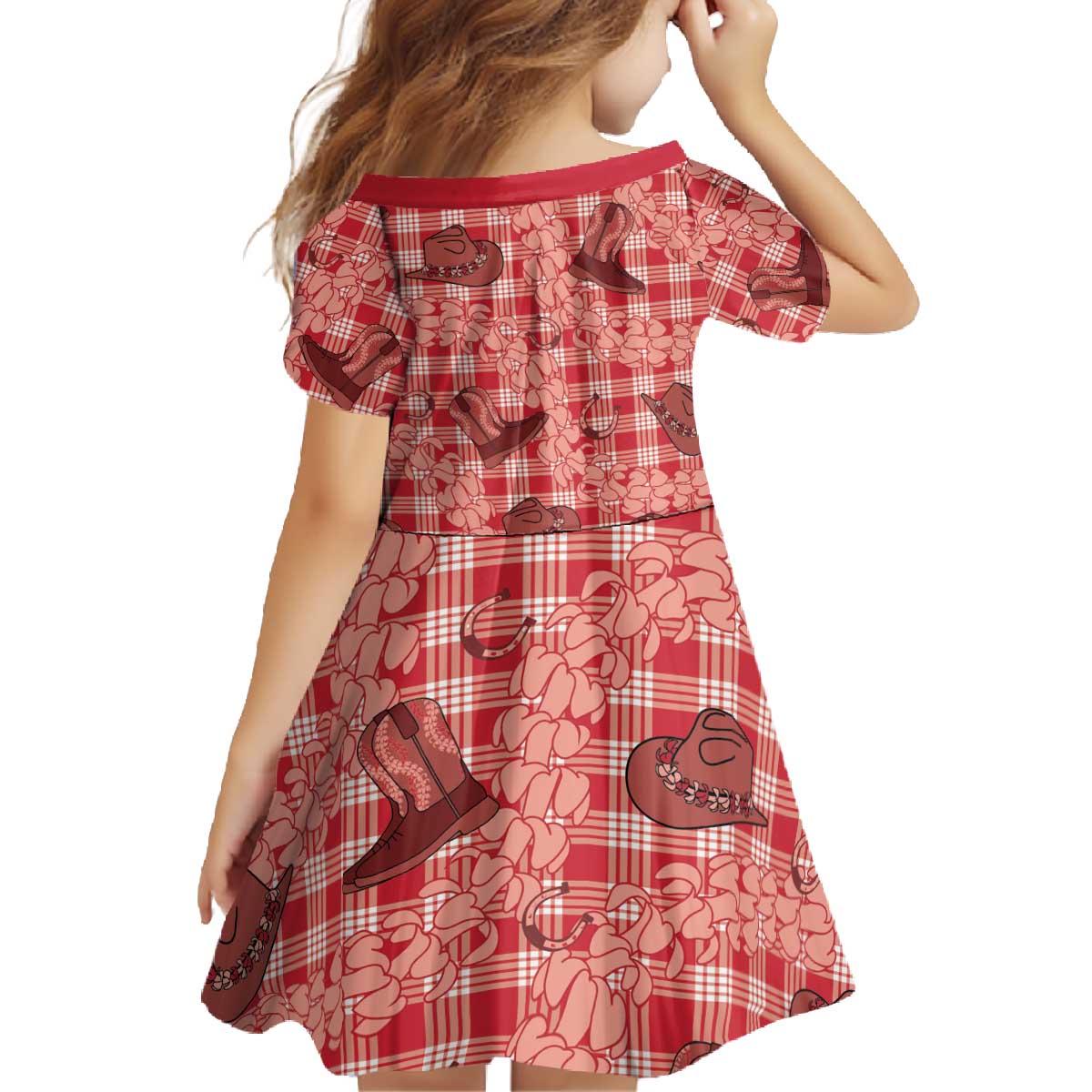 Red Palaka Hawaii Cowboy Family Matching Off The Shoulder Long Sleeve Dress and Hawaiian Shirt Puakenikeni Lei Paniolo Papale Seamless Vibes LT14 - Polynesian Pride