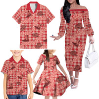 Red Palaka Hawaii Cowboy Family Matching Off The Shoulder Long Sleeve Dress and Hawaiian Shirt Puakenikeni Lei Paniolo Papale Seamless Vibes LT14 - Polynesian Pride