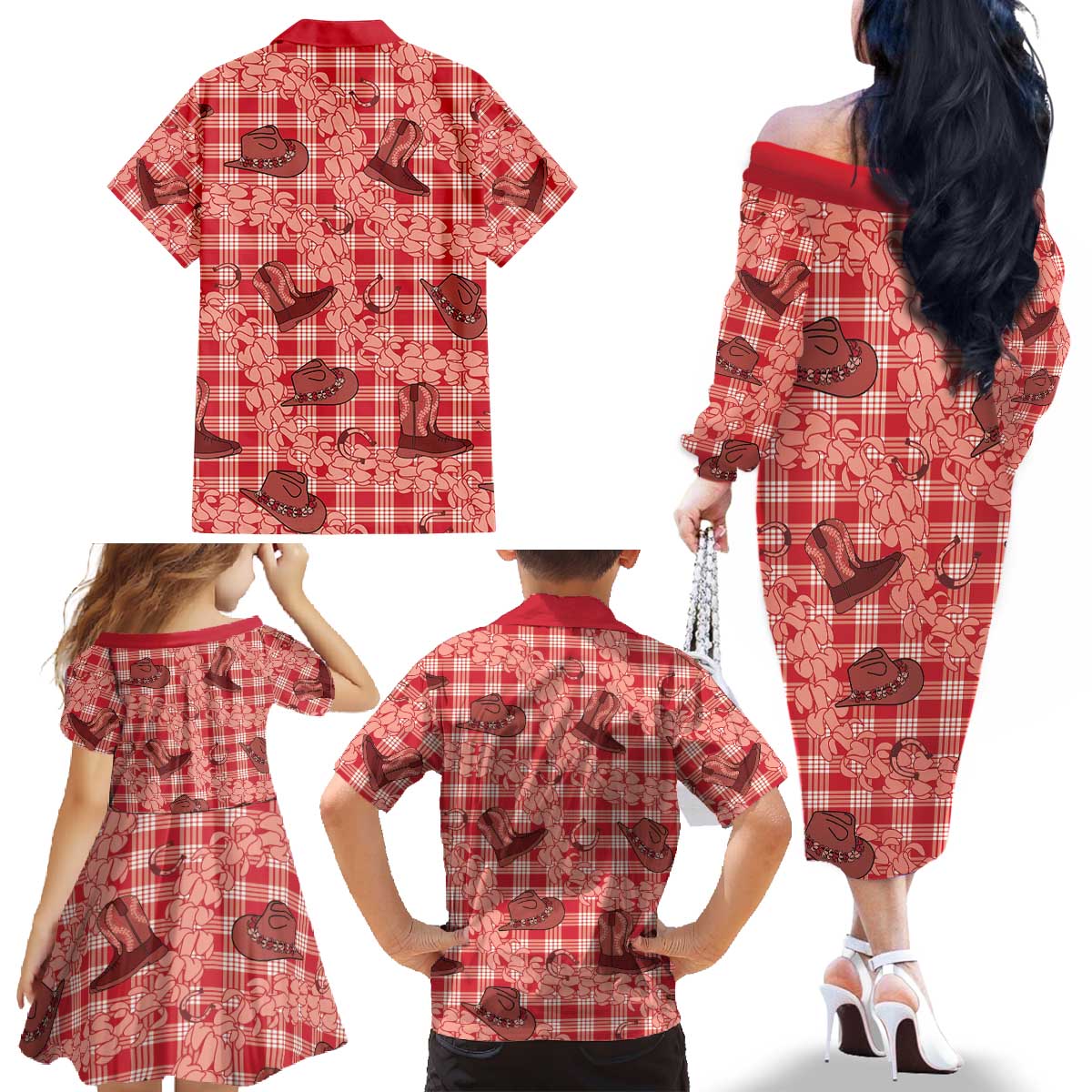 Red Palaka Hawaii Cowboy Family Matching Off The Shoulder Long Sleeve Dress and Hawaiian Shirt Puakenikeni Lei Paniolo Papale Seamless Vibes LT14 - Polynesian Pride