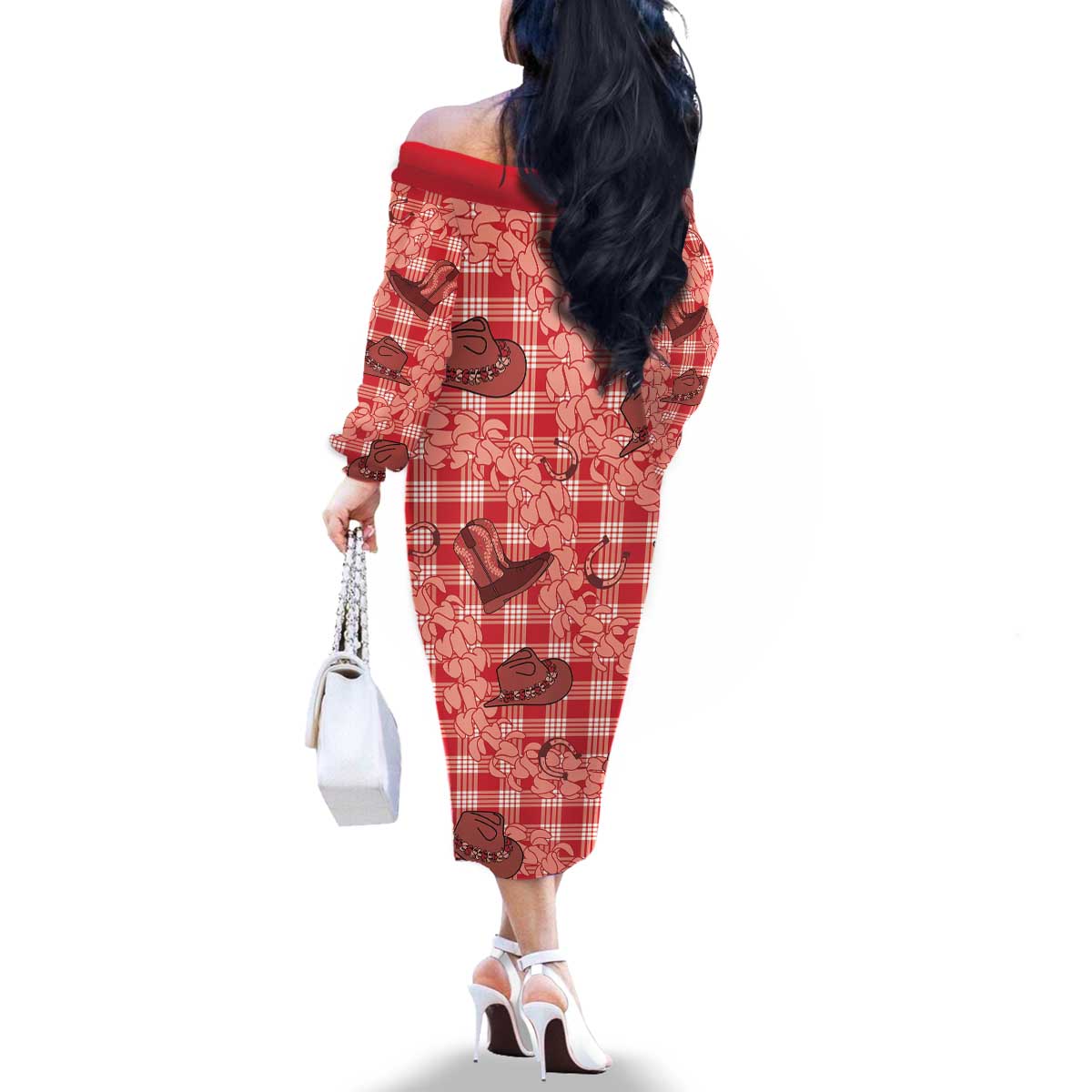 Red Palaka Hawaii Cowboy Family Matching Off The Shoulder Long Sleeve Dress and Hawaiian Shirt Puakenikeni Lei Paniolo Papale Seamless Vibes LT14 - Polynesian Pride
