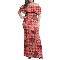 Red Palaka Hawaii Cowboy Family Matching Off Shoulder Maxi Dress and Hawaiian Shirt Puakenikeni Lei Paniolo Papale Seamless Vibes LT14 Mom's Dress Red - Polynesian Pride