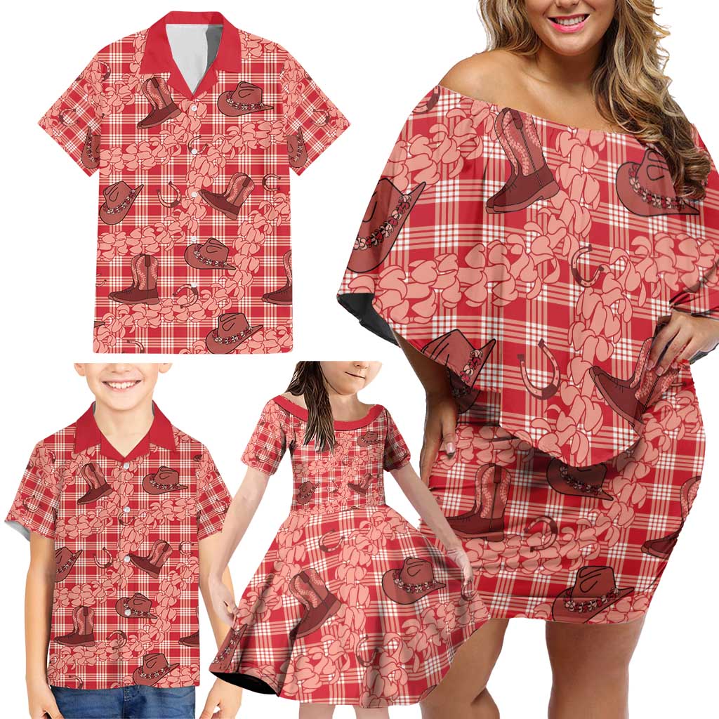 Red Palaka Hawaii Cowboy Family Matching Off Shoulder Short Dress and Hawaiian Shirt Puakenikeni Lei Paniolo Papale Seamless Vibes LT14 - Polynesian Pride