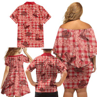 Red Palaka Hawaii Cowboy Family Matching Off Shoulder Short Dress and Hawaiian Shirt Puakenikeni Lei Paniolo Papale Seamless Vibes LT14 - Polynesian Pride