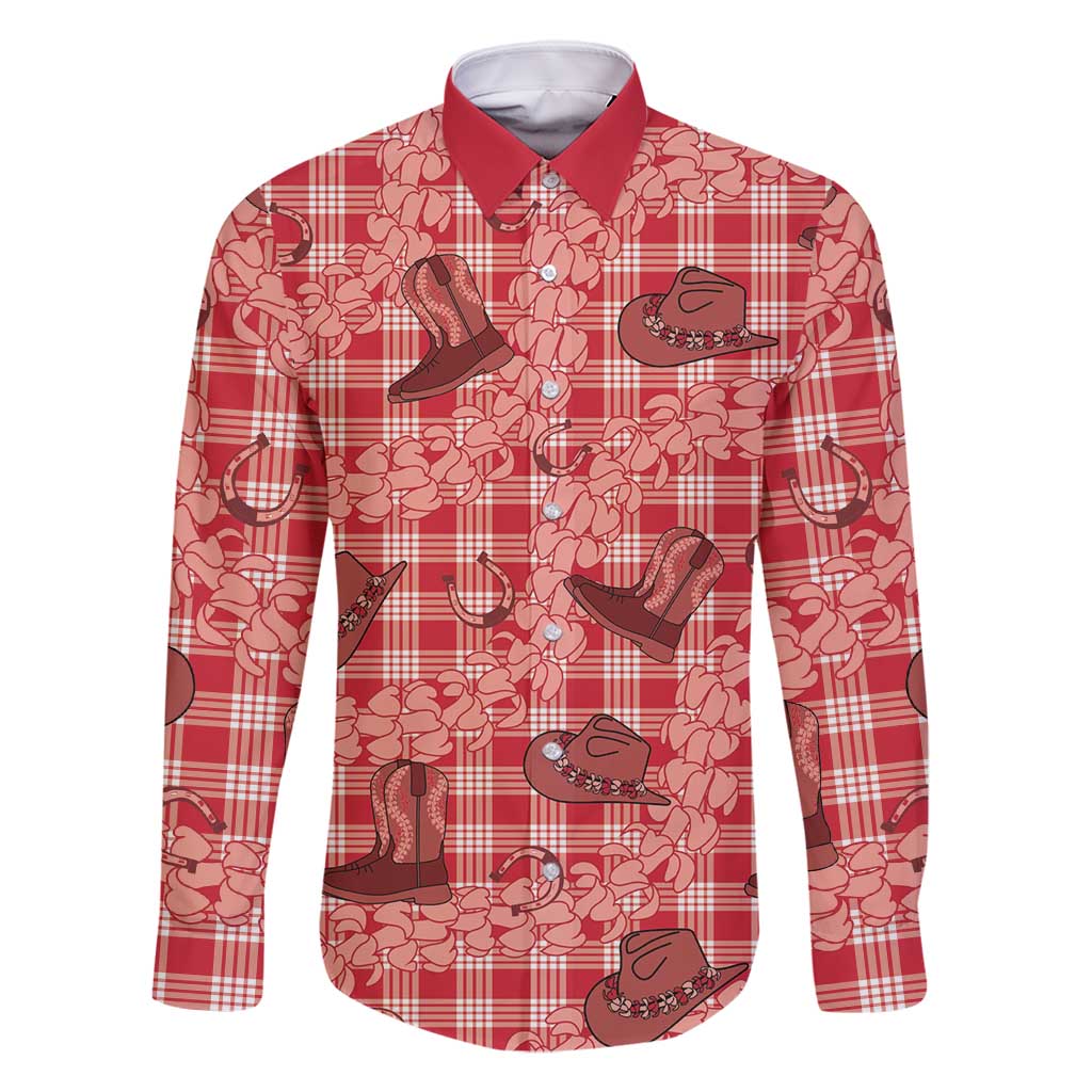 Red Palaka Hawaii Cowboy Family Matching Off Shoulder Short Dress and Hawaiian Shirt Puakenikeni Lei Paniolo Papale Seamless Vibes LT14 Dad's Shirt - Long Sleeve Red - Polynesian Pride