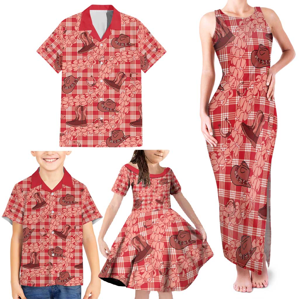Red Palaka Hawaii Cowboy Family Matching Tank Maxi Dress and Hawaiian Shirt Puakenikeni Lei Paniolo Papale Seamless Vibes LT14 - Polynesian Pride