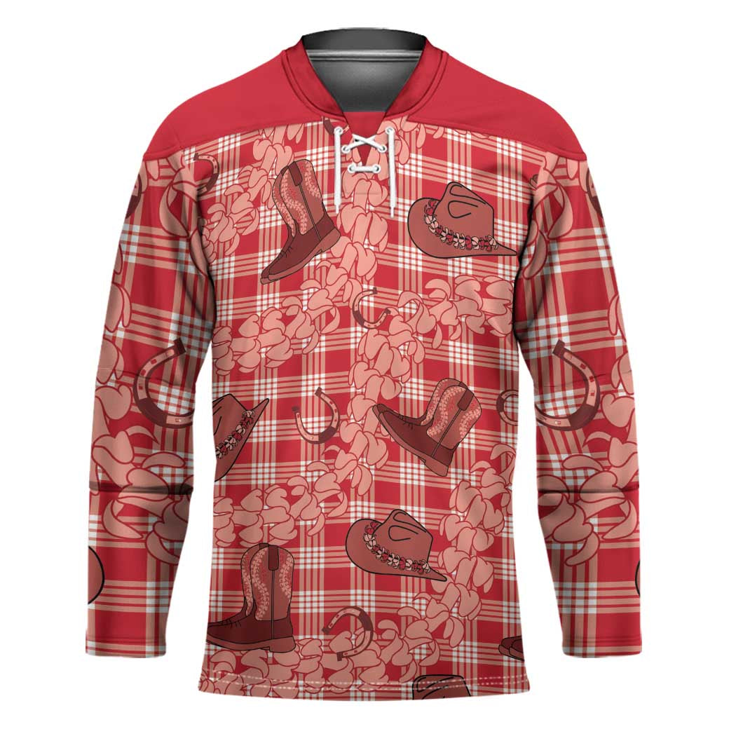 Red Palaka Hawaii Cowboy Hockey Jersey Puakenikeni Lei Paniolo Papale Seamless Vibes LT14 Unisex Red - Polynesian Pride