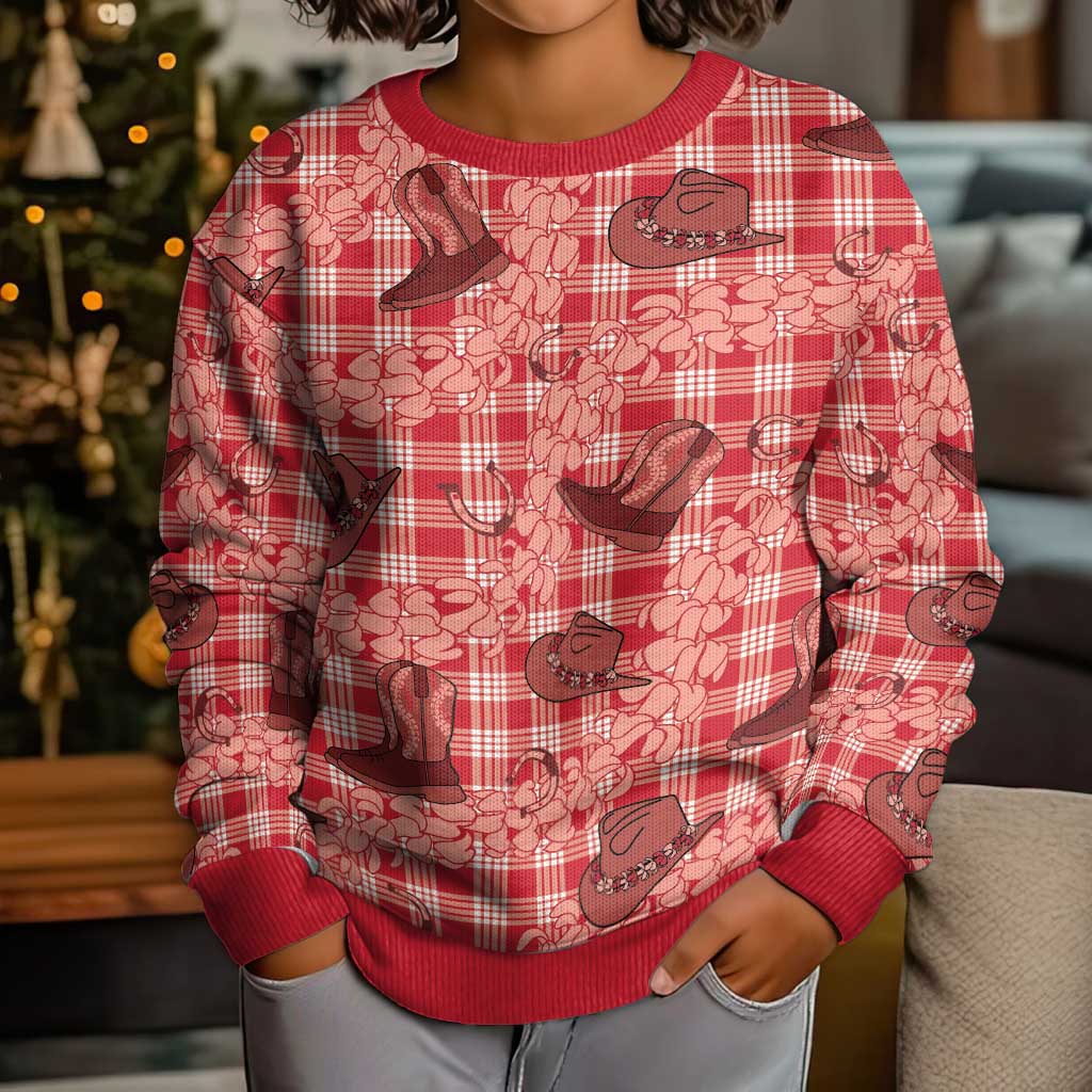 Red Palaka Hawaii Cowboy Kid Ugly Christmas Sweater Puakenikeni Lei Paniolo Papale Seamless Vibes LT14 - Polynesian Pride