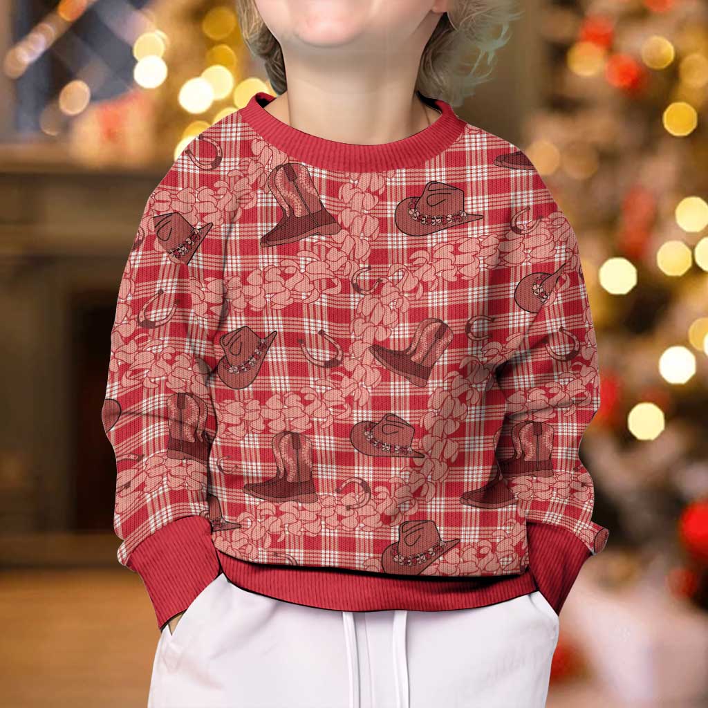 Red Palaka Hawaii Cowboy Kid Ugly Christmas Sweater Puakenikeni Lei Paniolo Papale Seamless Vibes LT14 - Polynesian Pride