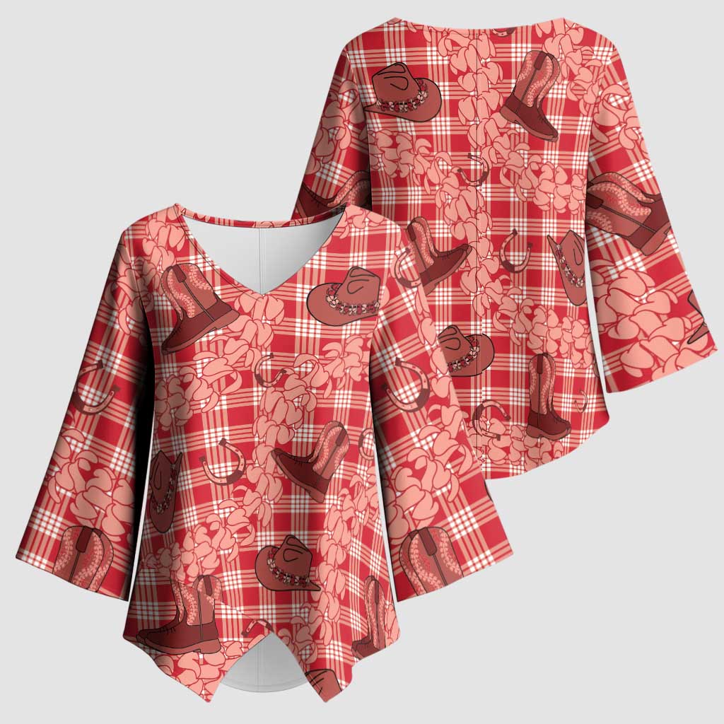 Red Palaka Hawaii Cowboy Kimono Sleeve Blouse Puakenikeni Lei Paniolo Papale Seamless Vibes - Polynesian Pride