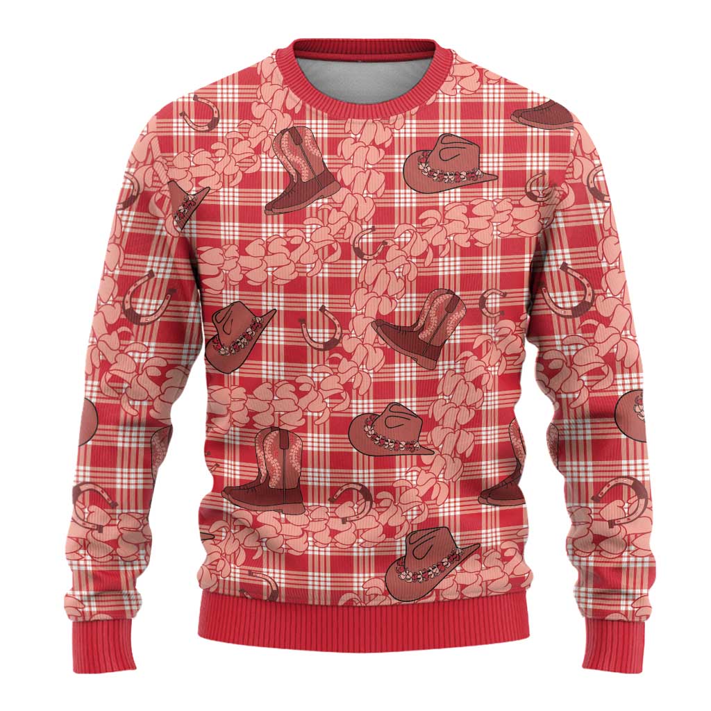 Red Palaka Hawaii Cowboy Ugly Christmas Sweater Puakenikeni Lei Paniolo Papale Seamless Vibes LT14 - Polynesian Pride