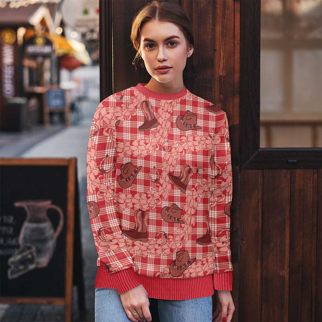 Red Palaka Hawaii Cowboy Ugly Christmas Sweater Puakenikeni Lei Paniolo Papale Seamless Vibes LT14 - Polynesian Pride