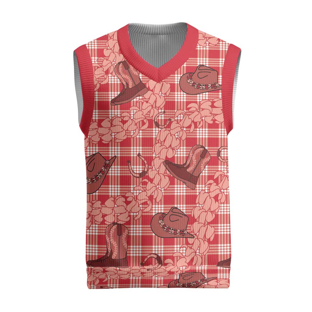 Red Palaka Hawaii Cowboy Christmas Knitted V-Neck Vest Puakenikeni Lei Paniolo Papale Seamless Vibes LT14 Red - Polynesian Pride