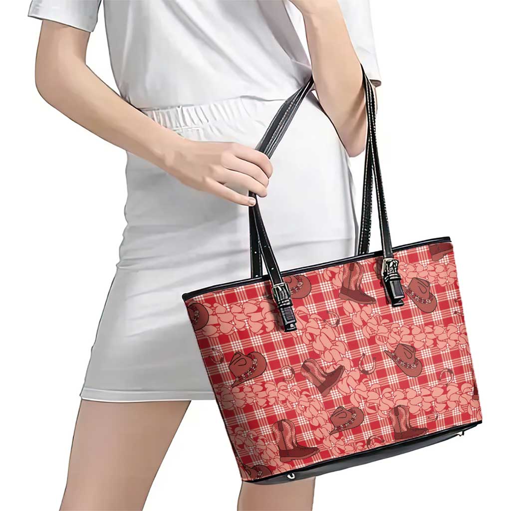 Red Palaka Hawaii Cowboy Leather Tote Bag Puakenikeni Lei Paniolo Papale Seamless Vibes LT14 - Polynesian Pride