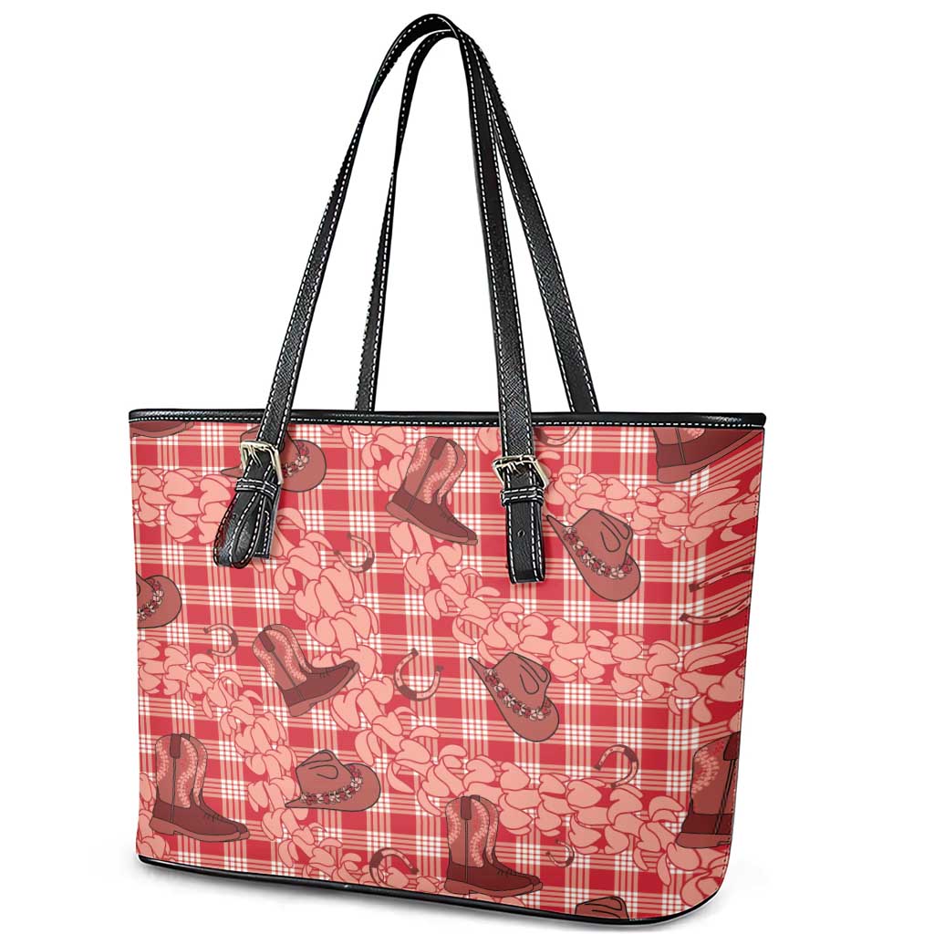Red Palaka Hawaii Cowboy Leather Tote Bag Puakenikeni Lei Paniolo Papale Seamless Vibes LT14 - Polynesian Pride