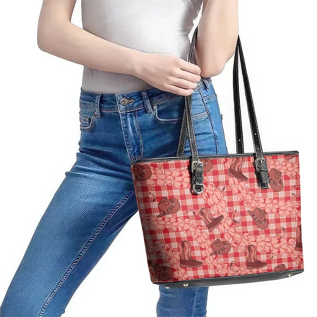 Red Palaka Hawaii Cowboy Leather Tote Bag Puakenikeni Lei Paniolo Papale Seamless Vibes LT14 - Polynesian Pride