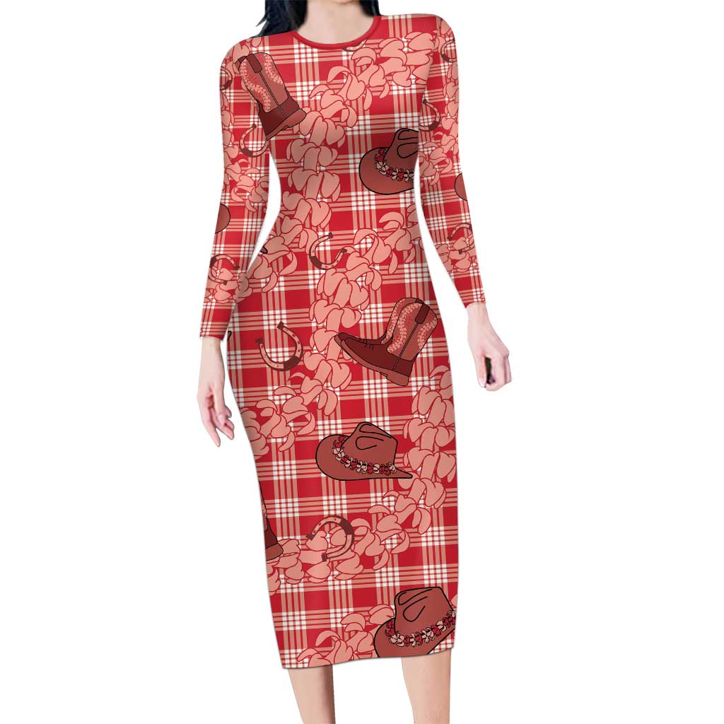 Red Palaka Hawaii Cowboy Long Sleeve Bodycon Dress Puakenikeni Lei Paniolo Papale Seamless Vibes - Polynesian Pride