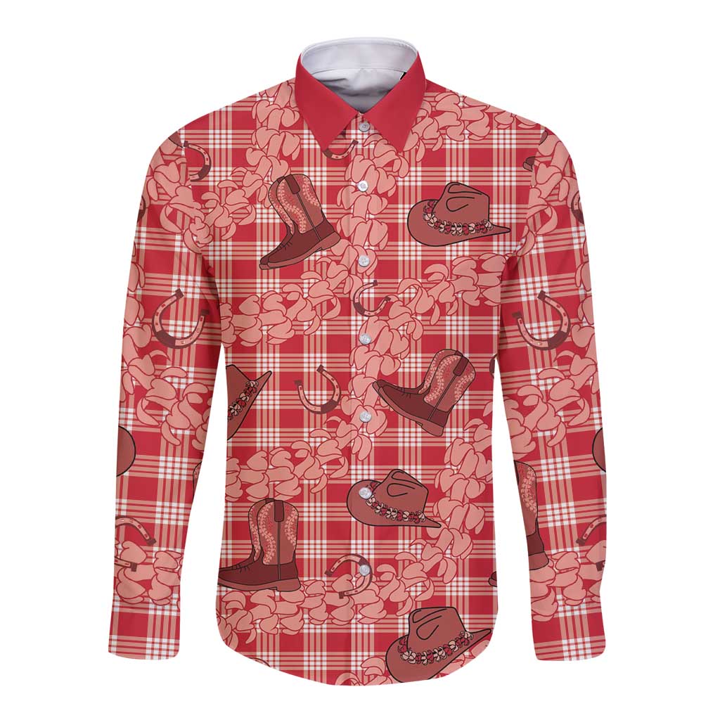 Red Palaka Hawaii Cowboy Long Sleeve Button Shirt Puakenikeni Lei Paniolo Papale Seamless Vibes LT14 Unisex Red - Polynesian Pride