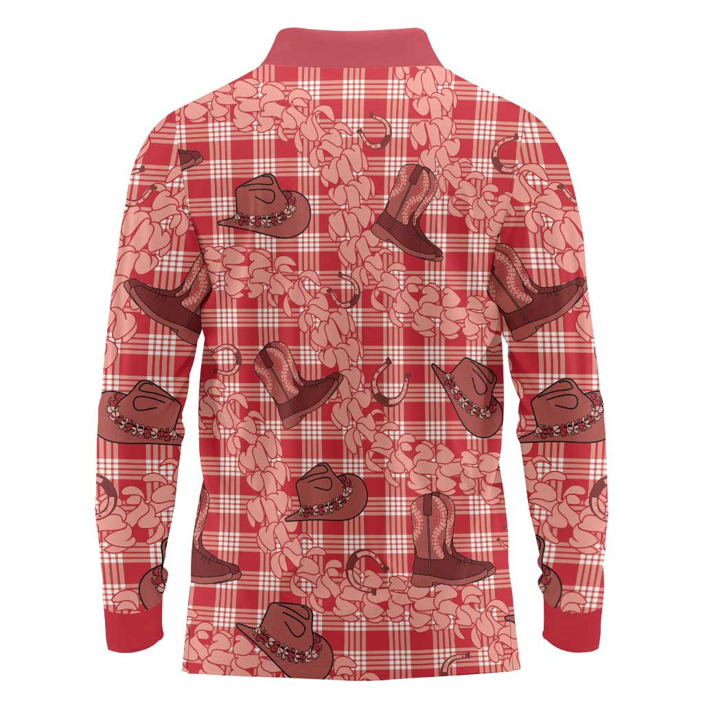 Red Palaka Hawaii Cowboy Long Sleeve Polo Shirt Puakenikeni Lei Paniolo Papale Seamless Vibes LT14 - Polynesian Pride