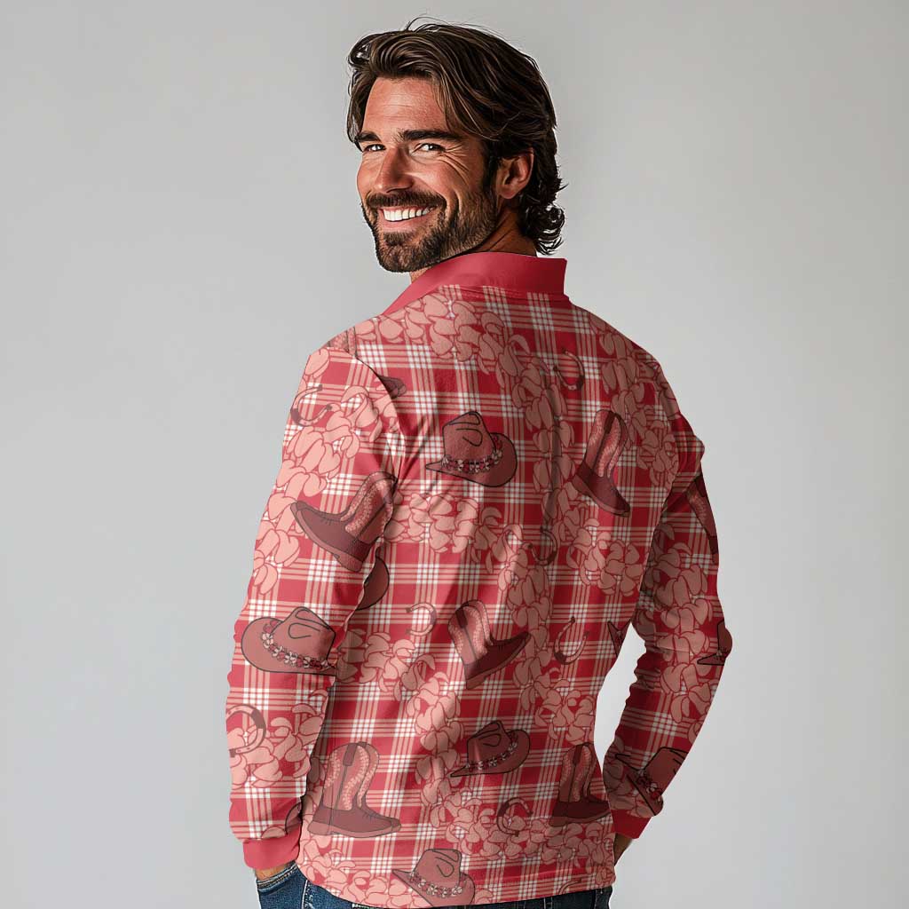 Red Palaka Hawaii Cowboy Long Sleeve Polo Shirt Puakenikeni Lei Paniolo Papale Seamless Vibes LT14 - Polynesian Pride