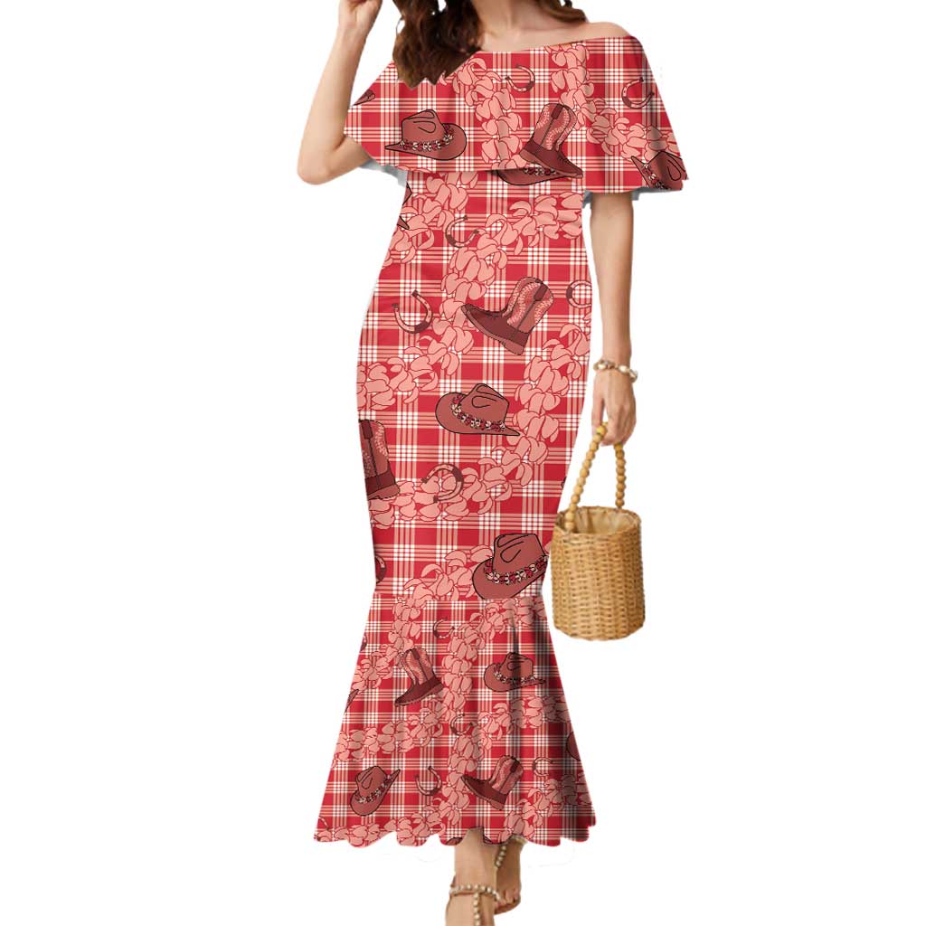 Red Palaka Hawaii Cowboy Mermaid Dress Puakenikeni Lei Paniolo Papale Seamless Vibes LT14 Women Red - Polynesian Pride