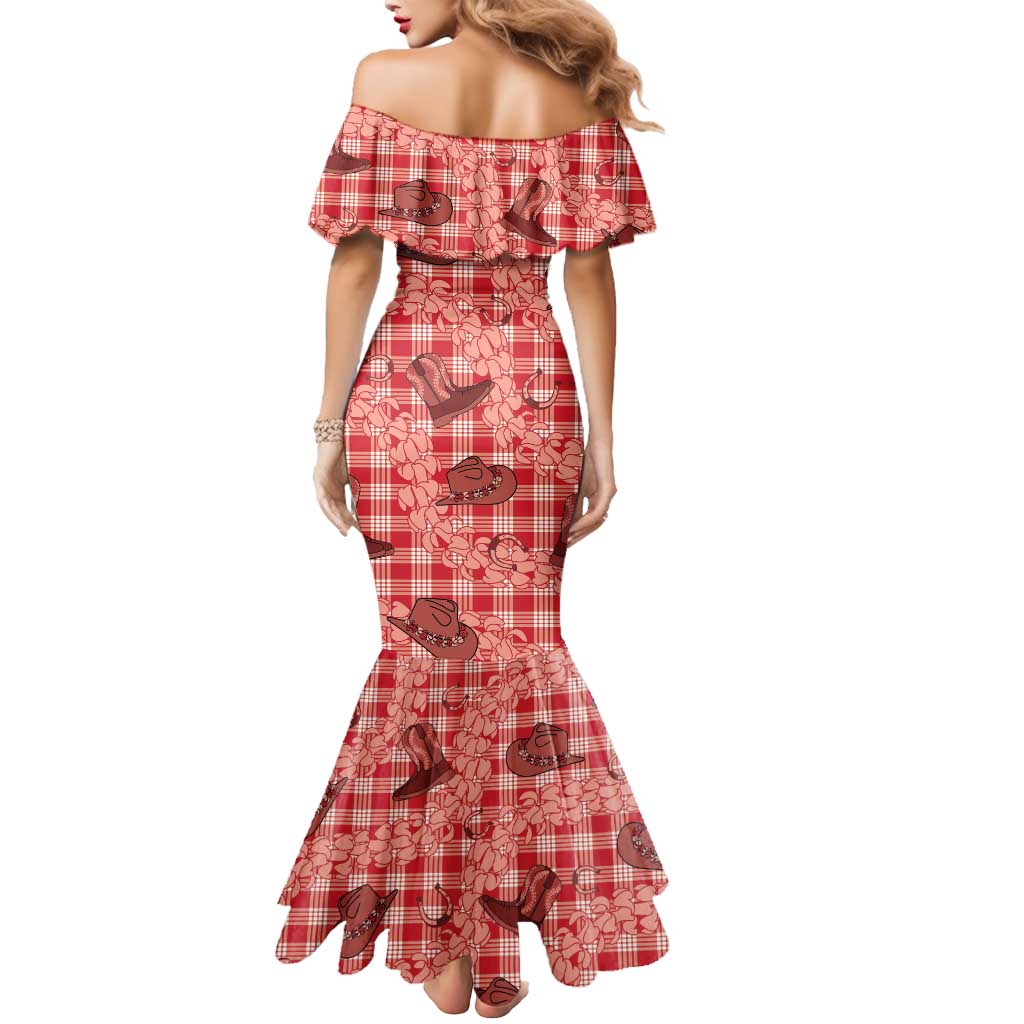 Red Palaka Hawaii Cowboy Mermaid Dress Puakenikeni Lei Paniolo Papale Seamless Vibes LT14 - Polynesian Pride