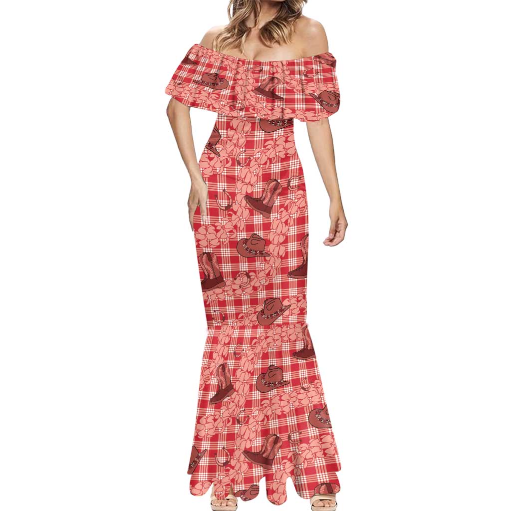 Red Palaka Hawaii Cowboy Mermaid Dress Puakenikeni Lei Paniolo Papale Seamless Vibes LT14 - Polynesian Pride
