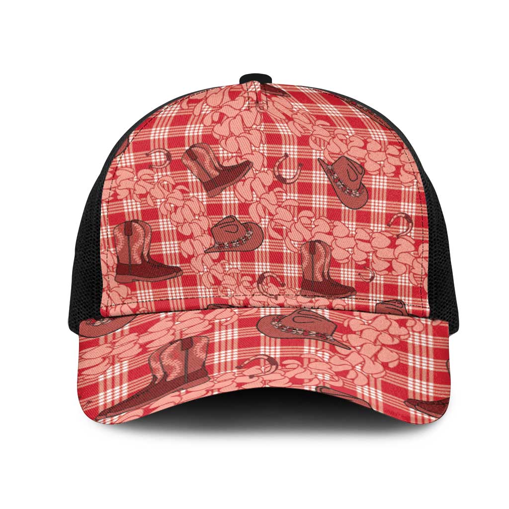 Red Palaka Hawaii Cowboy Mesh Trucker Cap Puakenikeni Lei Paniolo Papale Seamless Vibes - Polynesian Pride