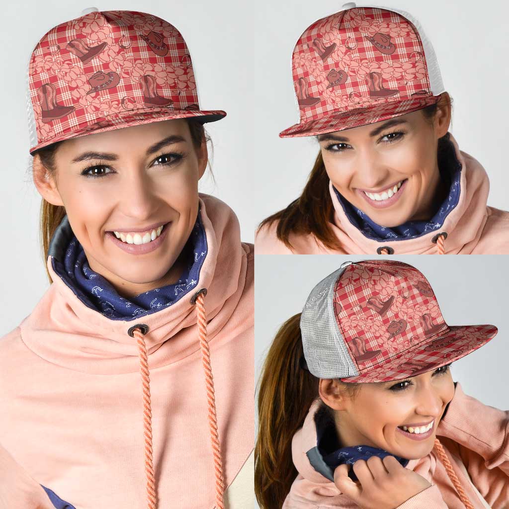 Red Palaka Hawaii Cowboy Mesh Trucker Cap Puakenikeni Lei Paniolo Papale Seamless Vibes - Polynesian Pride