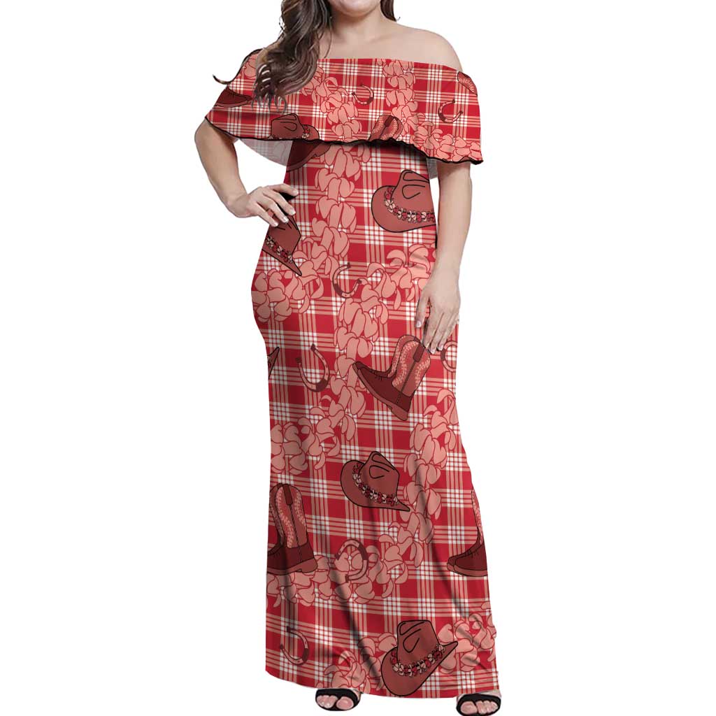 Red Palaka Hawaii Cowboy Off Shoulder Maxi Dress Puakenikeni Lei Paniolo Papale Seamless Vibes LT14 Women Red - Polynesian Pride