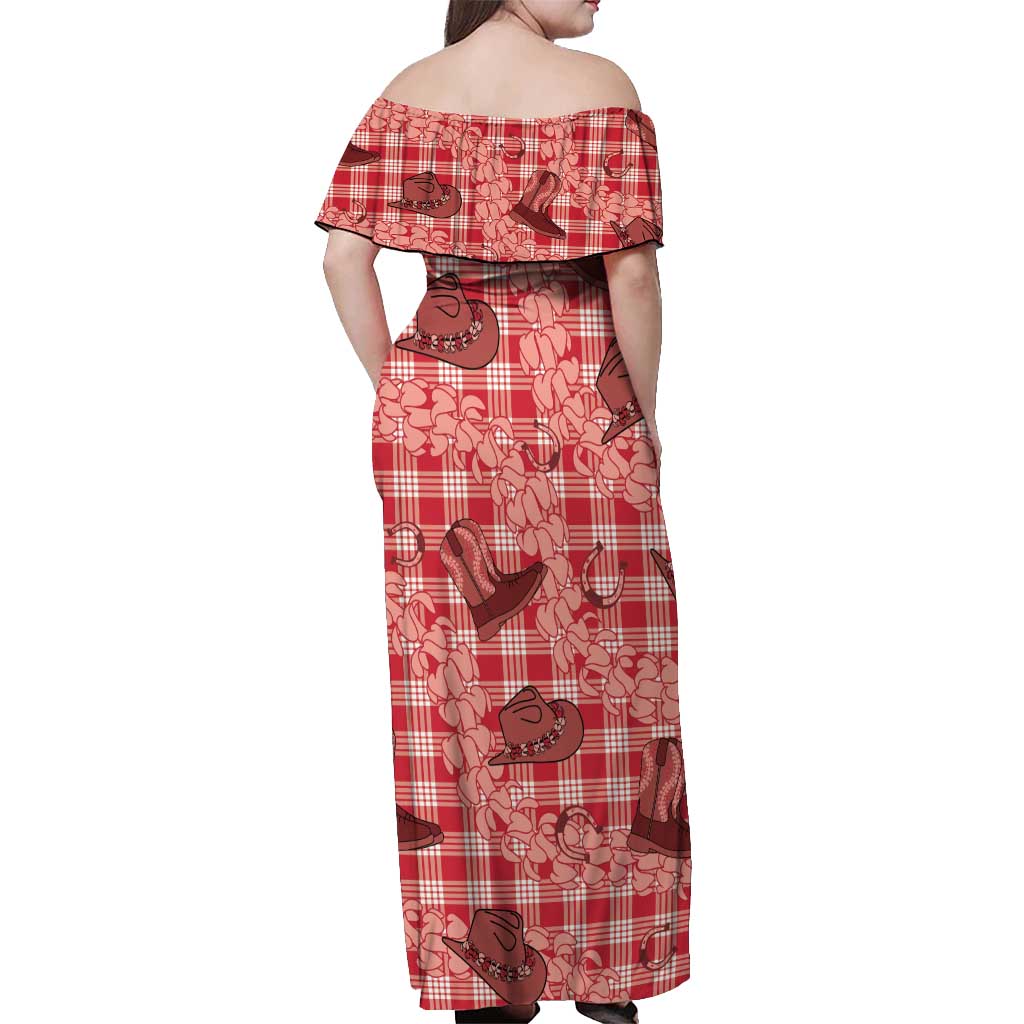 Red Palaka Hawaii Cowboy Off Shoulder Maxi Dress Puakenikeni Lei Paniolo Papale Seamless Vibes LT14 - Polynesian Pride
