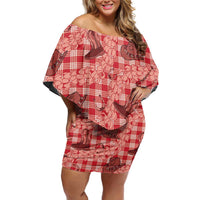 Red Palaka Hawaii Cowboy Off Shoulder Short Dress Puakenikeni Lei Paniolo Papale Seamless Vibes LT14 Women Red - Polynesian Pride