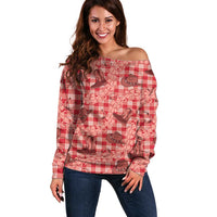 Red Palaka Hawaii Cowboy Off Shoulder Sweater Puakenikeni Lei Paniolo Papale Seamless Vibes LT14 Women Red - Polynesian Pride
