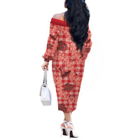 Red Palaka Hawaii Cowboy Off The Shoulder Long Sleeve Dress Puakenikeni Lei Paniolo Papale Seamless Vibes LT14 - Polynesian Pride