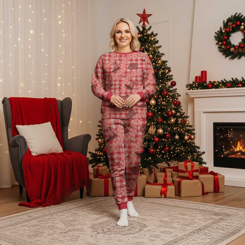 Red Palaka Hawaii Cowboy Christmas Pajama Set Puakenikeni Lei Paniolo Papale Seamless Vibes LT14 Women Red - Polynesian Pride