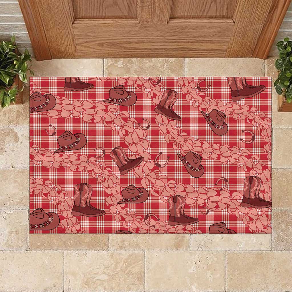 Red Palaka Hawaii Cowboy Rubber Doormat Puakenikeni Lei Paniolo Papale Seamless Vibes LT14 Red - Polynesian Pride