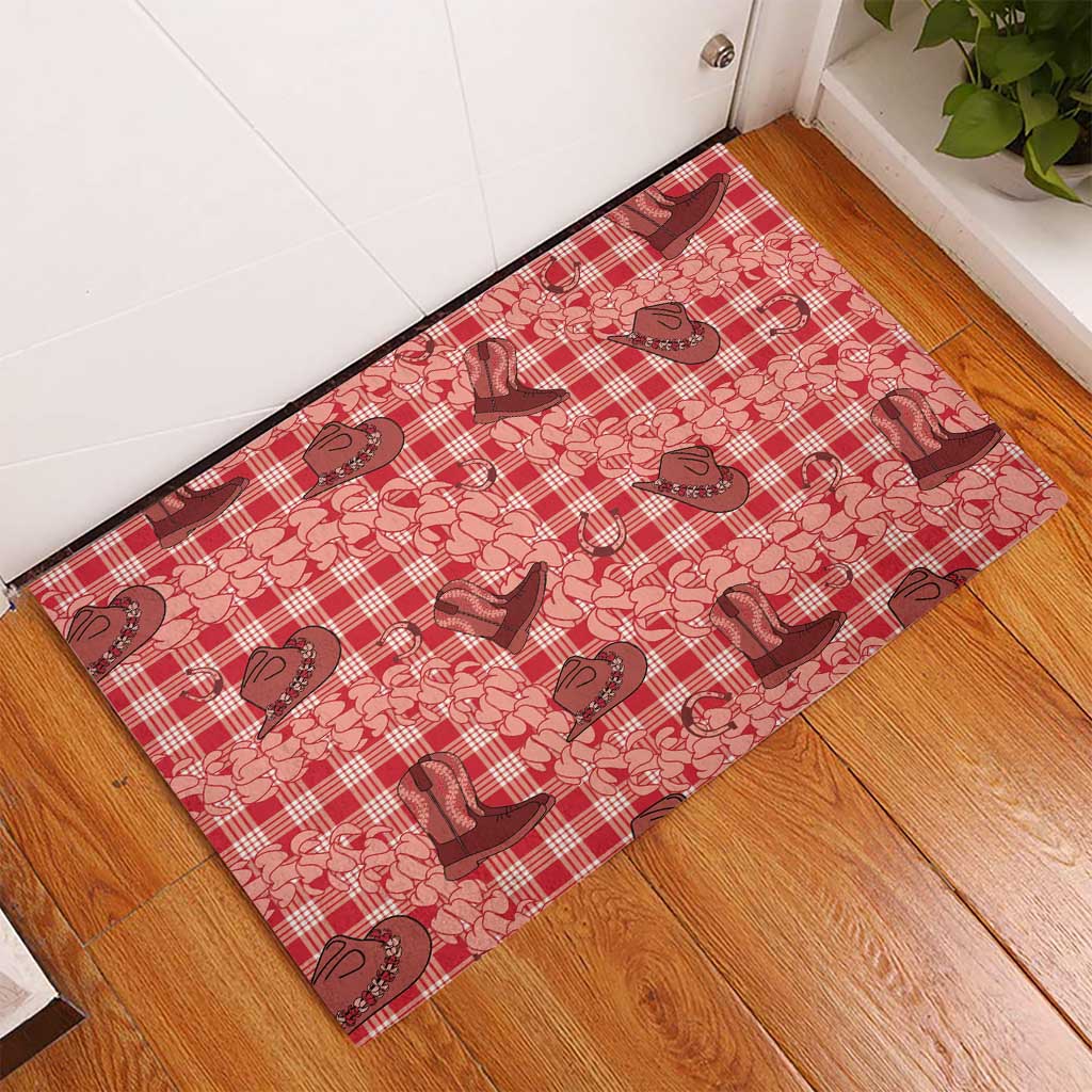 Red Palaka Hawaii Cowboy Rubber Doormat Puakenikeni Lei Paniolo Papale Seamless Vibes LT14 - Polynesian Pride