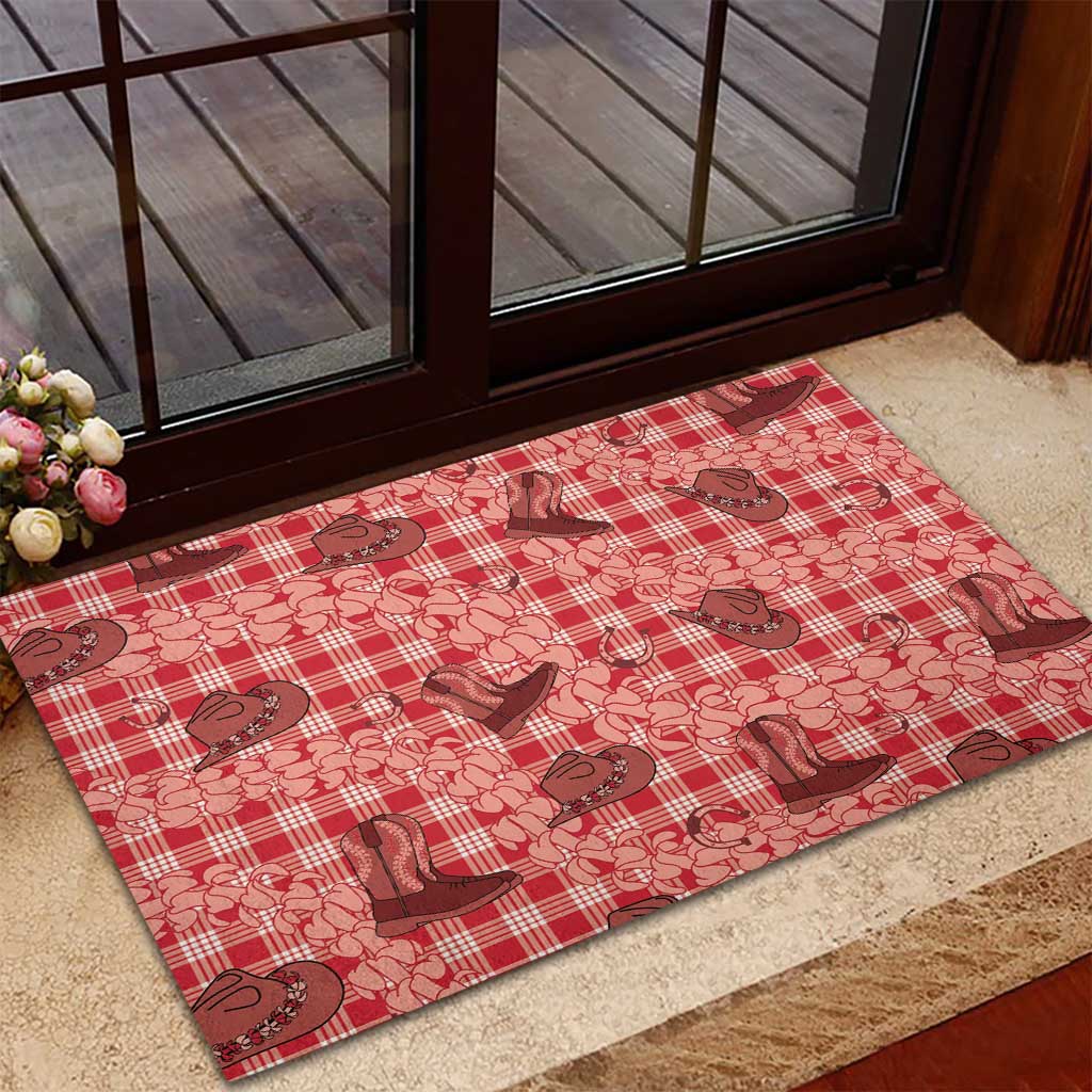 Red Palaka Hawaii Cowboy Rubber Doormat Puakenikeni Lei Paniolo Papale Seamless Vibes LT14 - Polynesian Pride