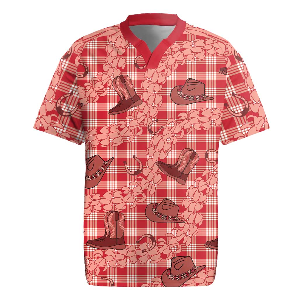 Red Palaka Hawaii Cowboy Rugby Jersey Puakenikeni Lei Paniolo Papale Seamless Vibes LT14 Red - Polynesian Pride