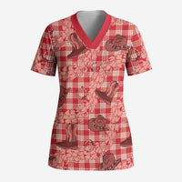 Red Palaka Hawaii Cowboy Scrub Top Puakenikeni Lei Paniolo Papale Seamless Vibes LT14 Adult Red - Polynesian Pride