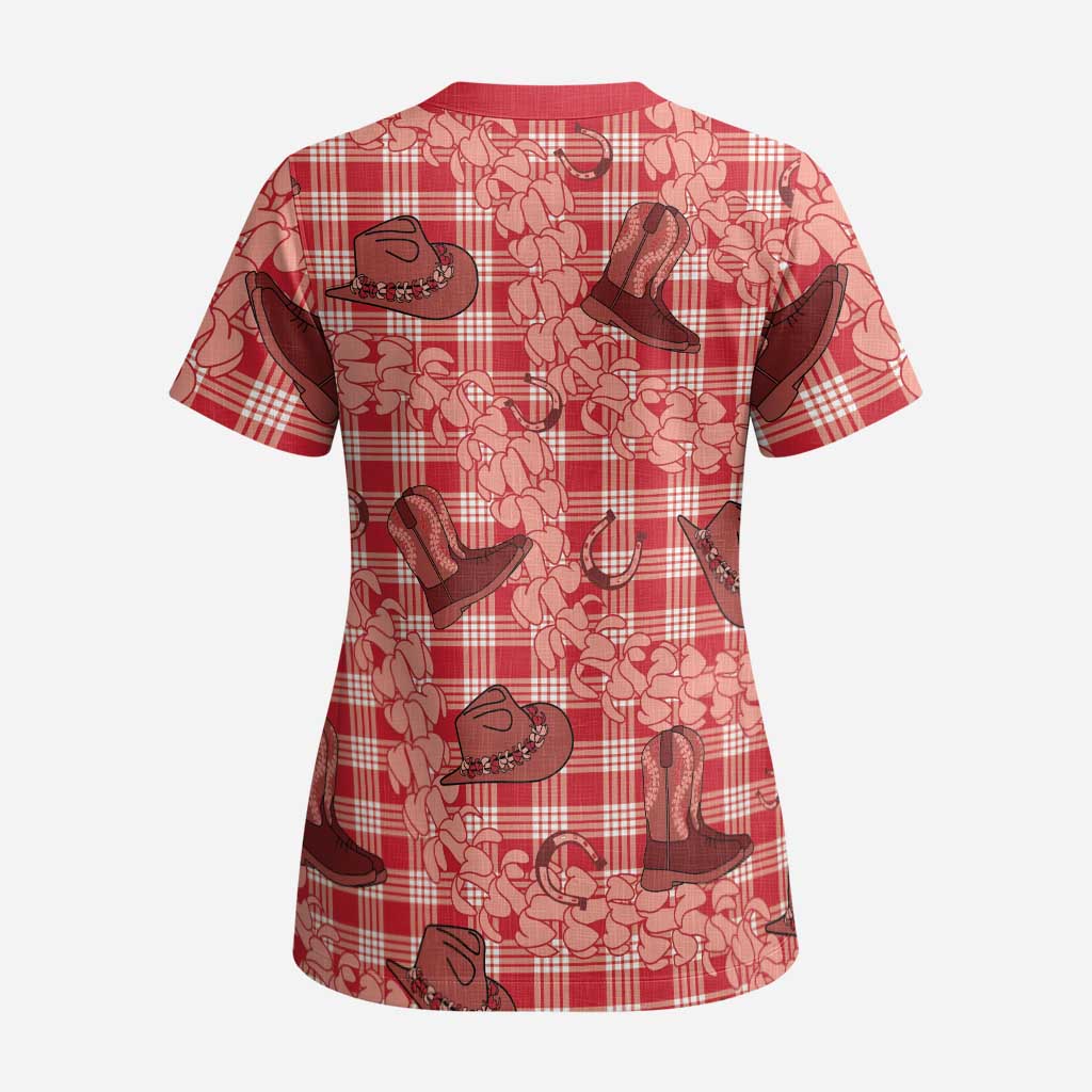 Red Palaka Hawaii Cowboy Scrub Top Puakenikeni Lei Paniolo Papale Seamless Vibes LT14 - Polynesian Pride