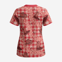 Red Palaka Hawaii Cowboy Scrub Top Puakenikeni Lei Paniolo Papale Seamless Vibes LT14 - Polynesian Pride