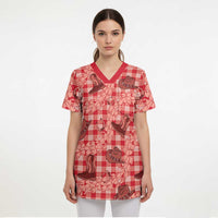 Red Palaka Hawaii Cowboy Scrub Top Puakenikeni Lei Paniolo Papale Seamless Vibes LT14 - Polynesian Pride