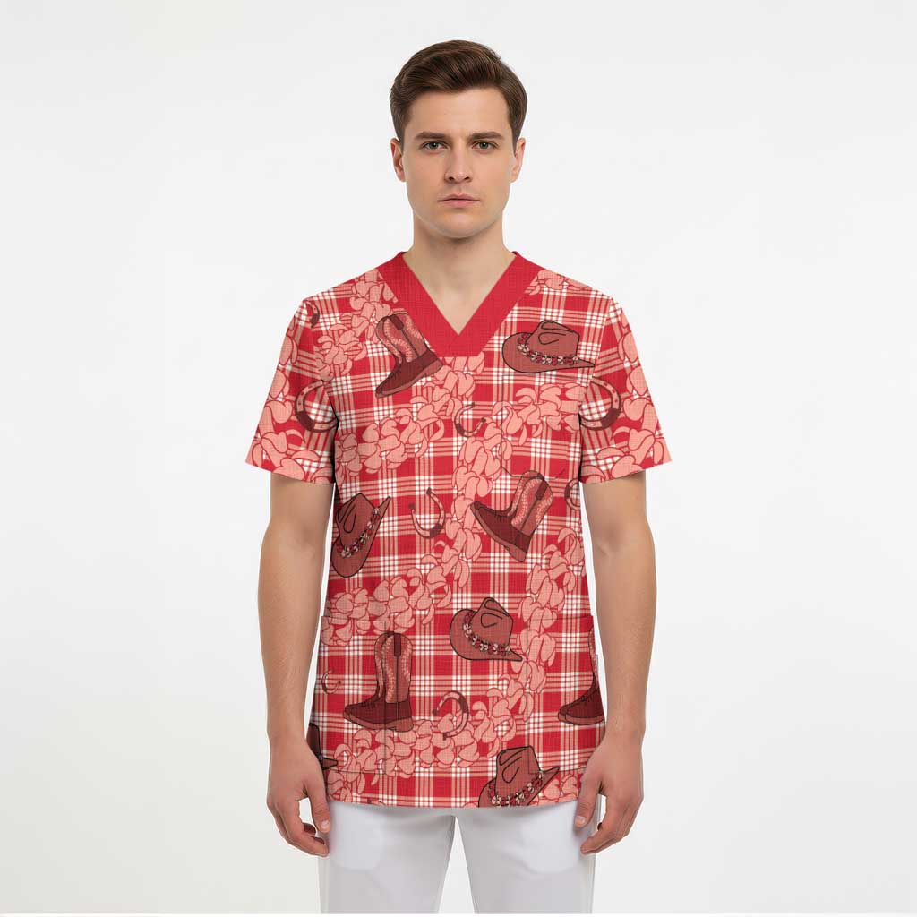 Red Palaka Hawaii Cowboy Scrub Top Puakenikeni Lei Paniolo Papale Seamless Vibes LT14 - Polynesian Pride