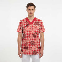 Red Palaka Hawaii Cowboy Scrub Top Puakenikeni Lei Paniolo Papale Seamless Vibes LT14 - Polynesian Pride
