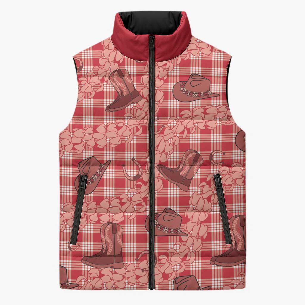 Red Palaka Hawaii Cowboy Sleeveless Puffer Jacket Puakenikeni Lei Paniolo Papale Seamless Vibes LT14 Unisex Red - Polynesian Pride