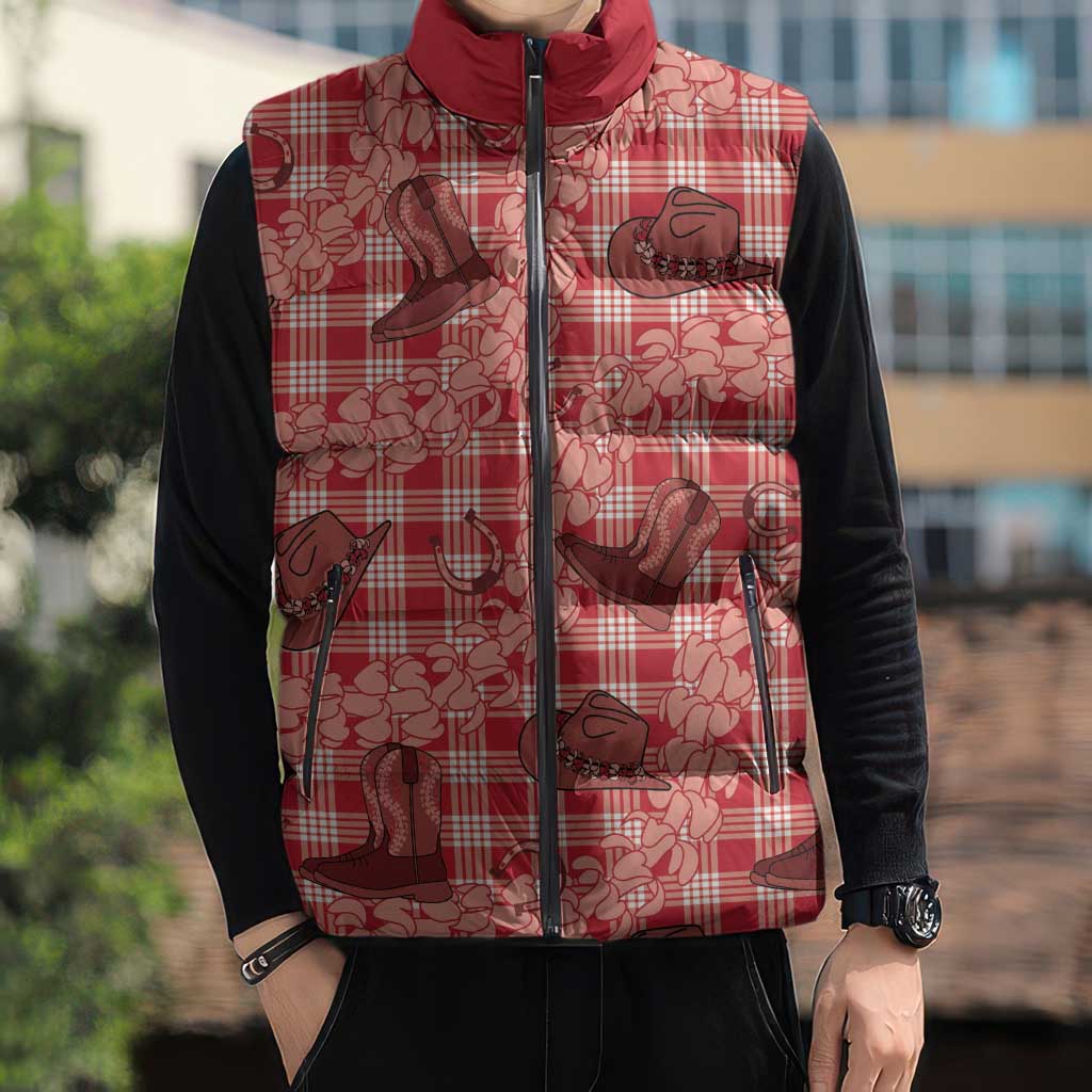 Red Palaka Hawaii Cowboy Sleeveless Puffer Jacket Puakenikeni Lei Paniolo Papale Seamless Vibes LT14 - Polynesian Pride