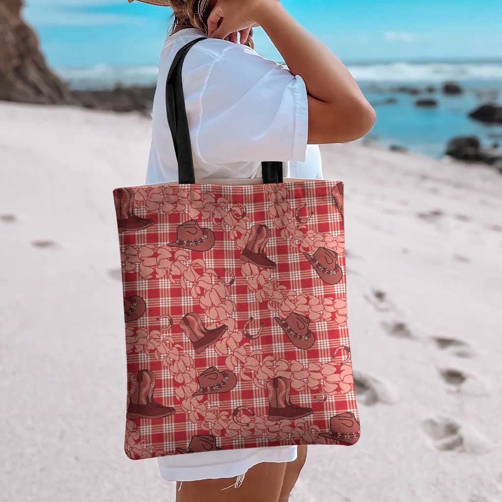 Red Palaka Hawaii Cowboy Tote Bag Puakenikeni Lei Paniolo Papale Seamless Vibes LT14 - Polynesian Pride