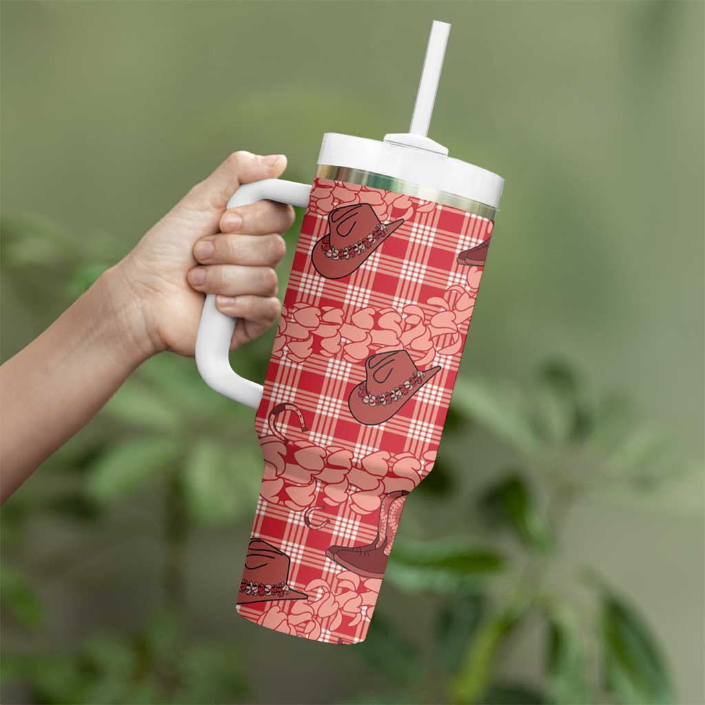 Red Palaka Hawaii Cowboy Tumbler With Handle Puakenikeni Lei Paniolo Papale Seamless Vibes LT14 - Polynesian Pride