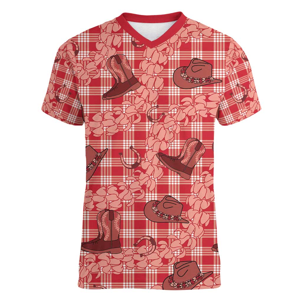 Red Palaka Hawaii Cowboy Women V-Neck T-Shirt Puakenikeni Lei Paniolo Papale Seamless Vibes LT14 Female Red - Polynesian Pride